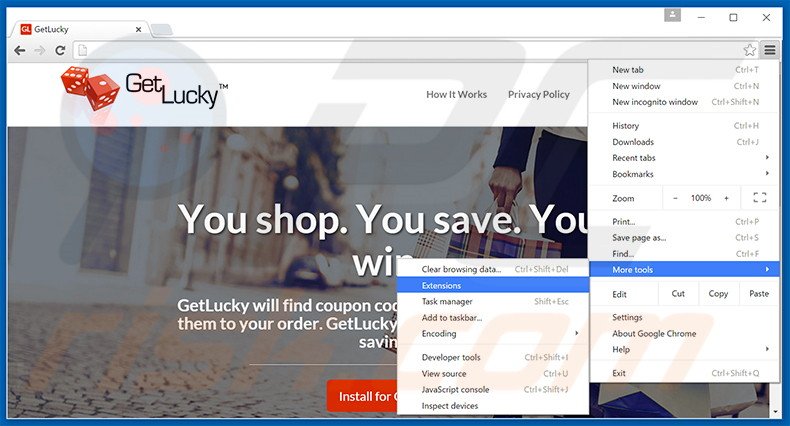 Removing GetLucky  ads from Google Chrome step 1