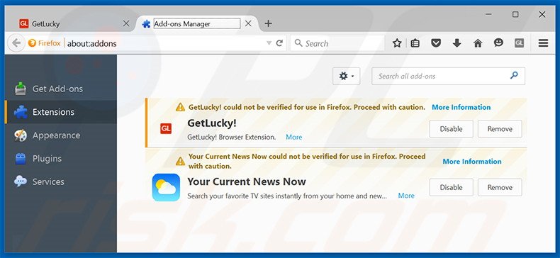 Removing GetLucky ads from Mozilla Firefox step 2