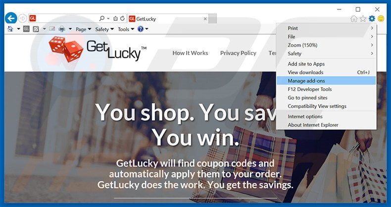 Removing GetLucky ads from Internet Explorer step 1