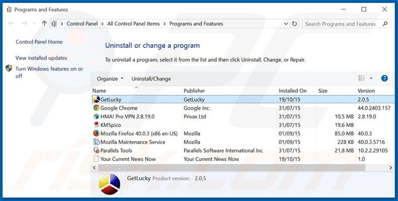 GetLucky adware uninstall via Control Panel