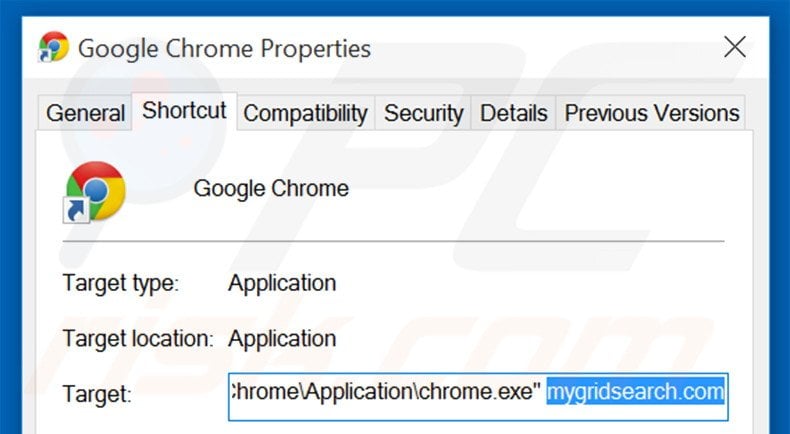 Removing mygridsearch.com from Google Chrome shortcut target step 2