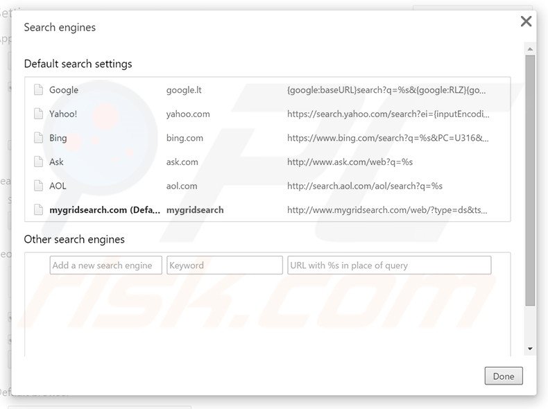 Removing mygridsearch.com from Google Chrome default search engine