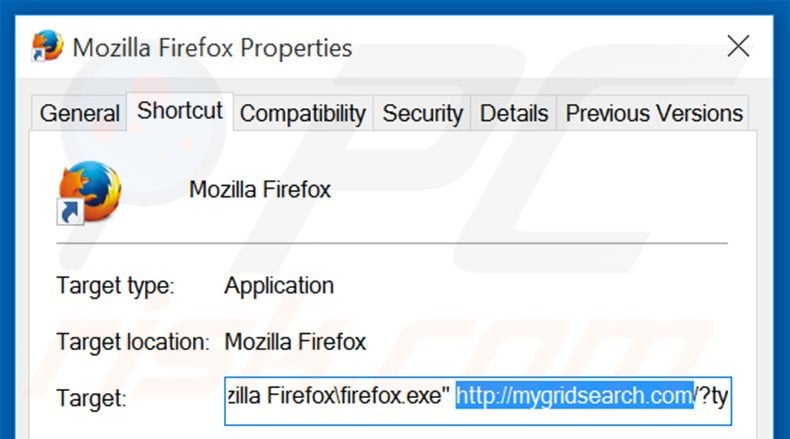 Removing mygridsearch.com from Mozilla Firefox shortcut target step 2