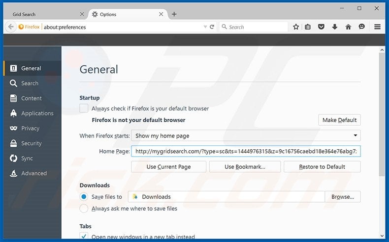 Removing mygridsearch.com from Mozilla Firefox homepage