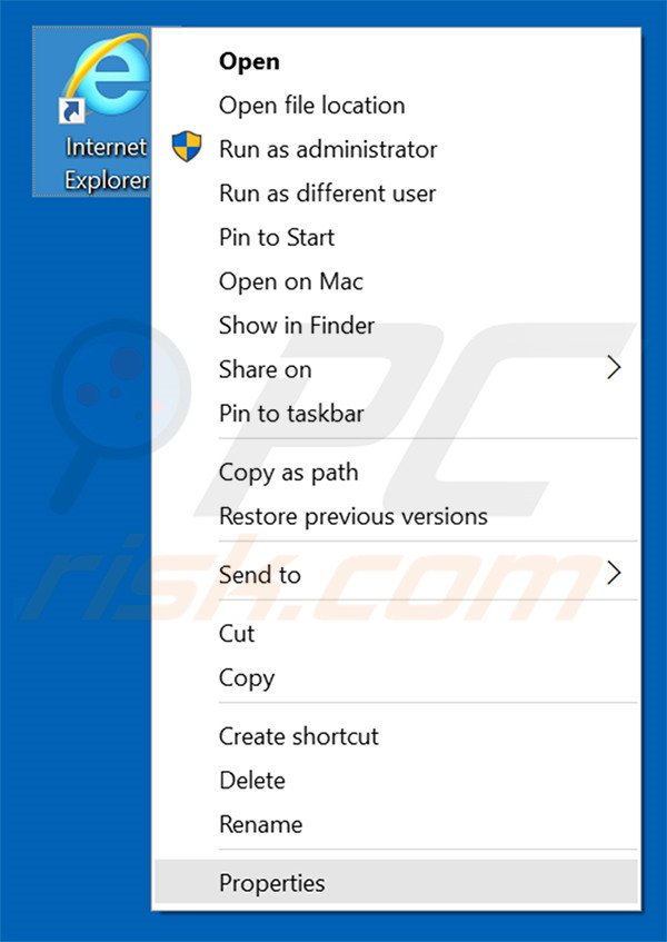 Removing mygridsearch.com from Internet Explorer shortcut target step 1