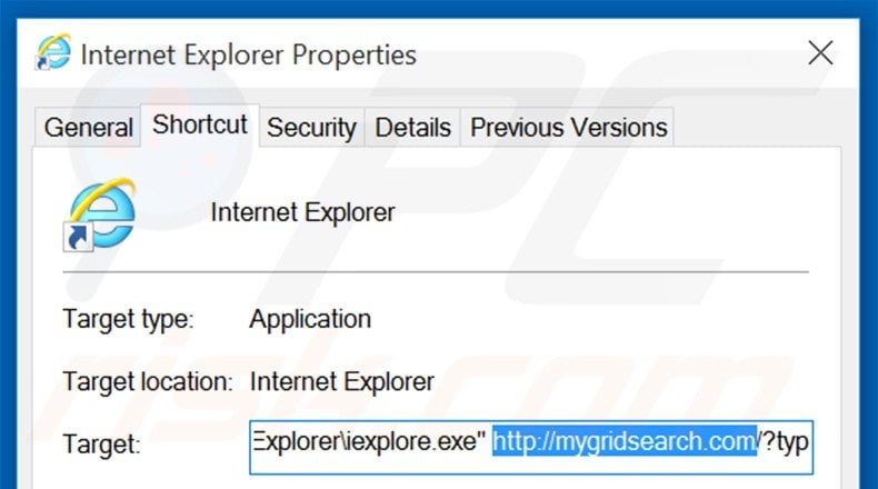 Removing mygridsearch.com from Internet Explorer shortcut target step 2