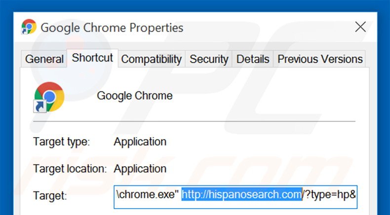 Removing hispanosearch.com from Google Chrome shortcut target step 2