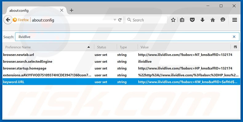 Removing ilividlive.com from Mozilla Firefox default search engine