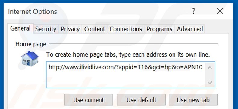 Removing ilividlive.com from Internet Explorer homepage