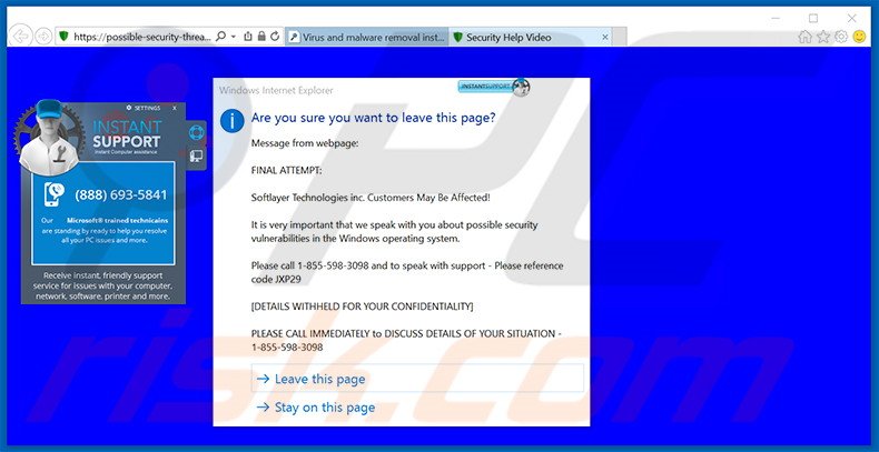 Fake pop-up generated by InstantSupport adware