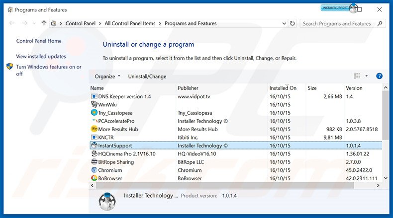 InstantSupport adware uninstall via Control Panel