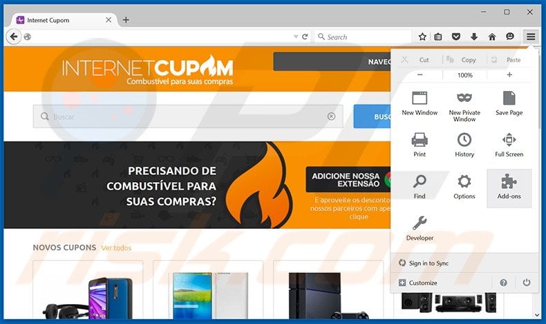 Removing Internet Cupom ads from Mozilla Firefox step 1