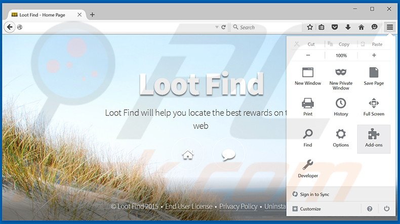 Removing Loot Find ads from Mozilla Firefox step 1