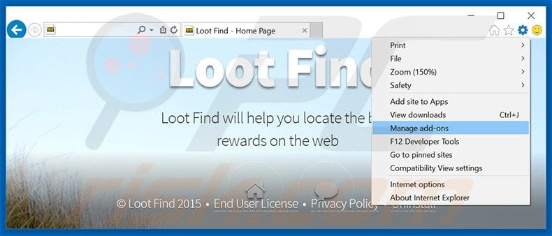 Removing Loot Find ads from Internet Explorer step 1