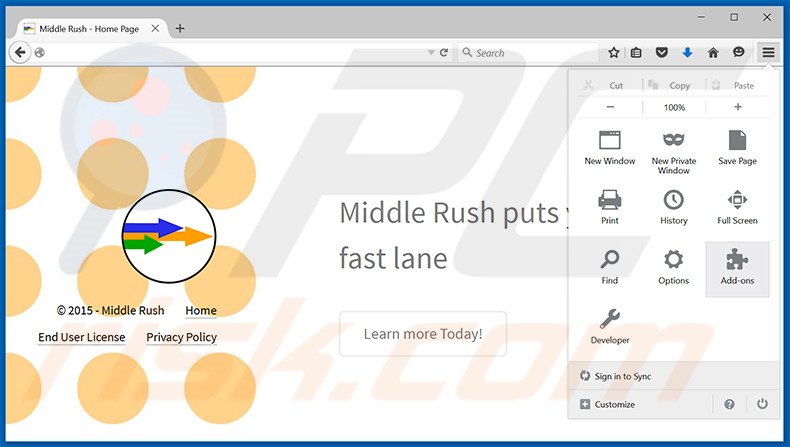 Removing Middle Rush ads from Mozilla Firefox step 1