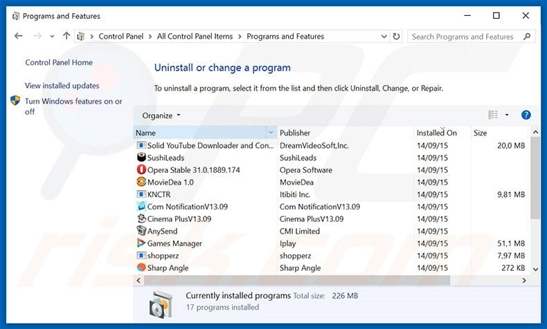 Middle Rush adware uninstall via Control Panel