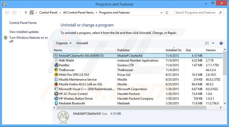 mpck adware uninstall via Control Panel