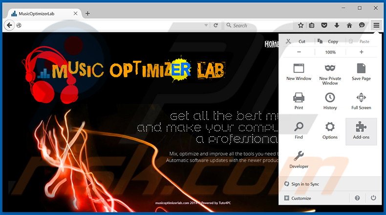 Removing MusicOptimizerLab ads from Mozilla Firefox step 1