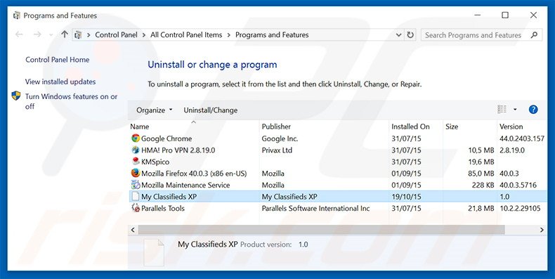 search.myclassifiedsxp.com browser hijacker uninstall via Control Panel