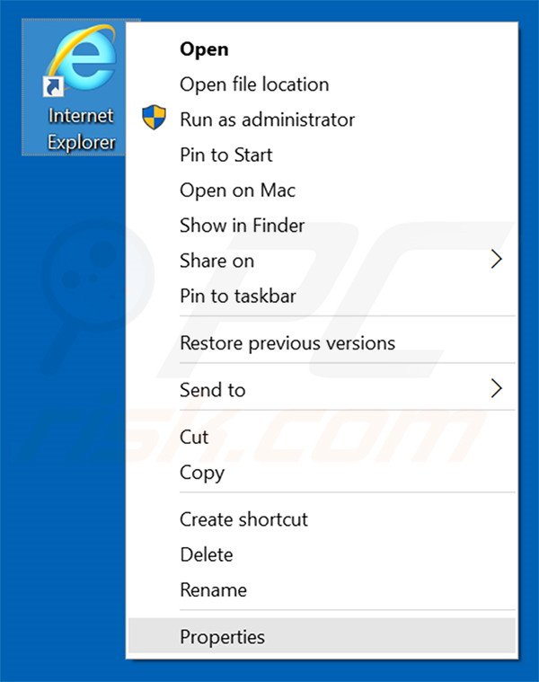 Removing my.parallaxsearch.com from Internet Explorer shortcut target step 1