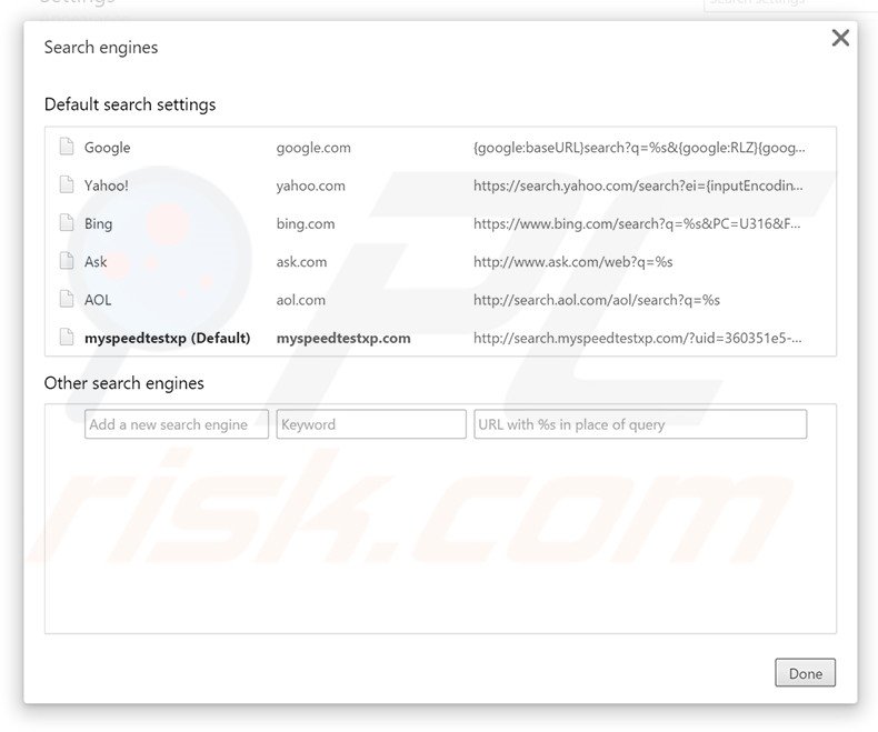 Removing search.myspeedtestxp.com from Google Chrome default search engine