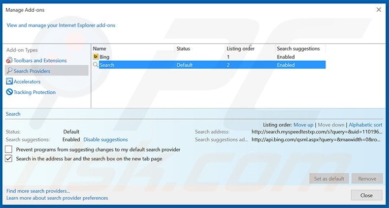 Removing search.myspeedtestxp.com from Internet Explorer default search engine