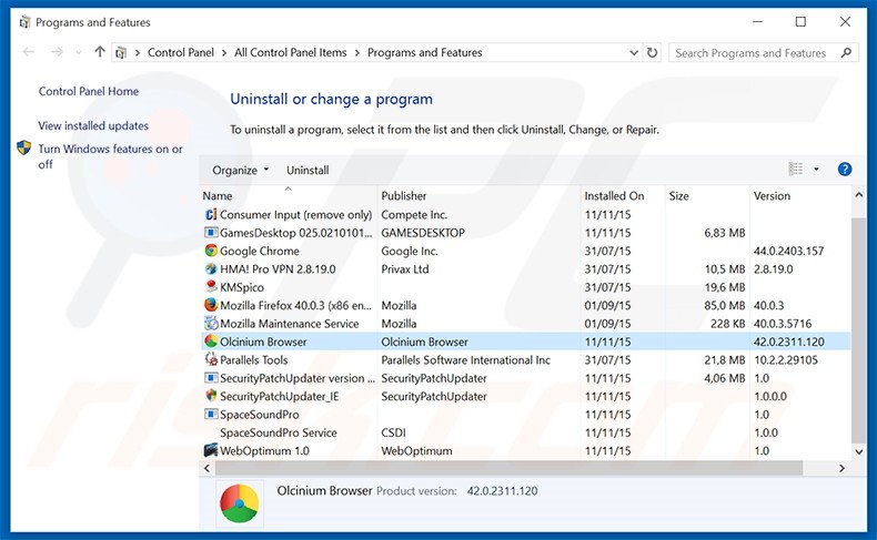 Olcinium Browser adware uninstall via Control Panel