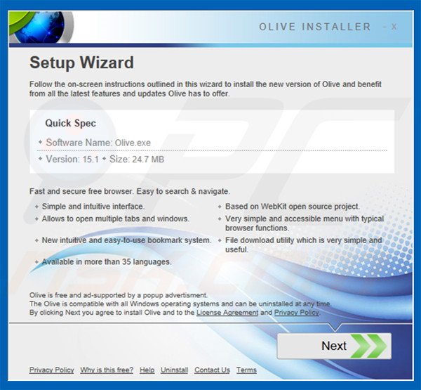Official Olive adware installation setup