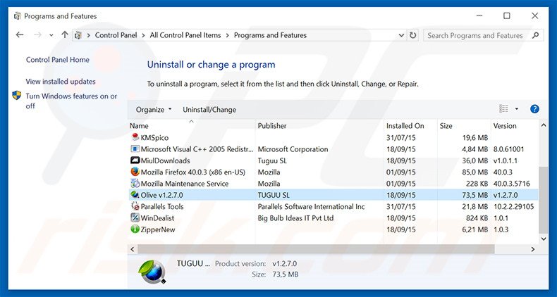 Olive adware uninstall via Control Panel