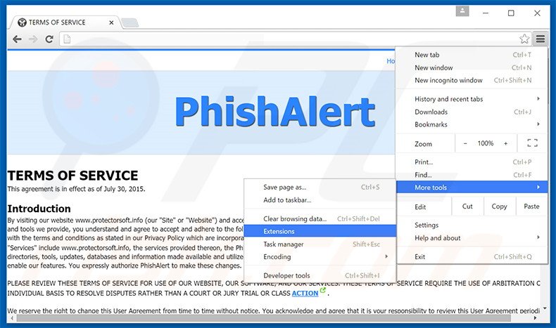 Removing Phishalert  ads from Google Chrome step 1