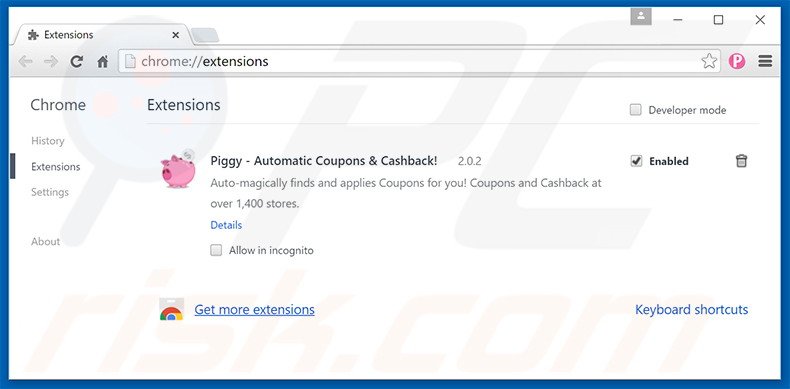 Removing Piggy ads from Google Chrome step 2