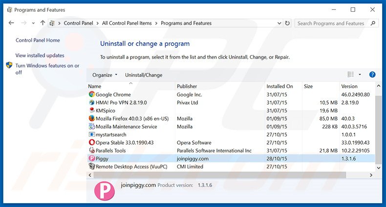 Piggy adware uninstall via Control Panel