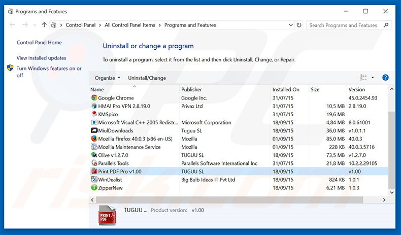 Print PDF Pro adware uninstall via Control Panel