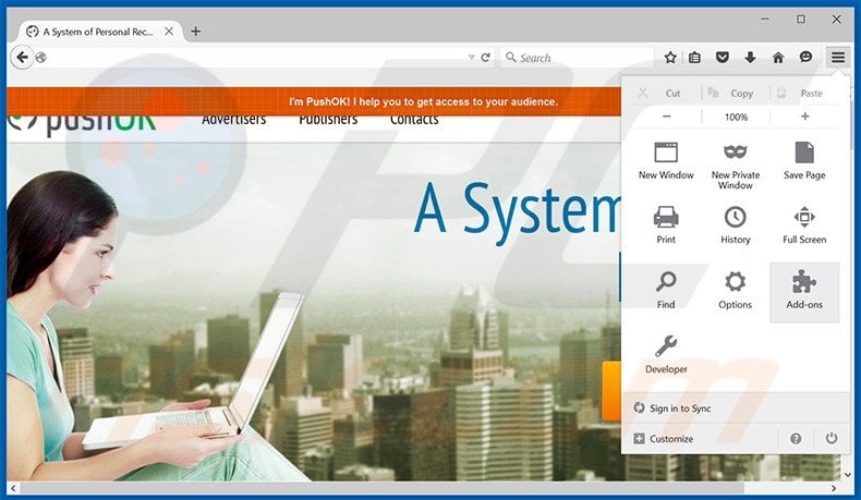Removing PushOK ads from Mozilla Firefox step 1