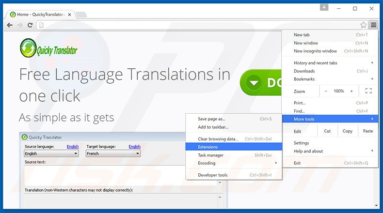 Removing QuickyTranslator  ads from Google Chrome step 1