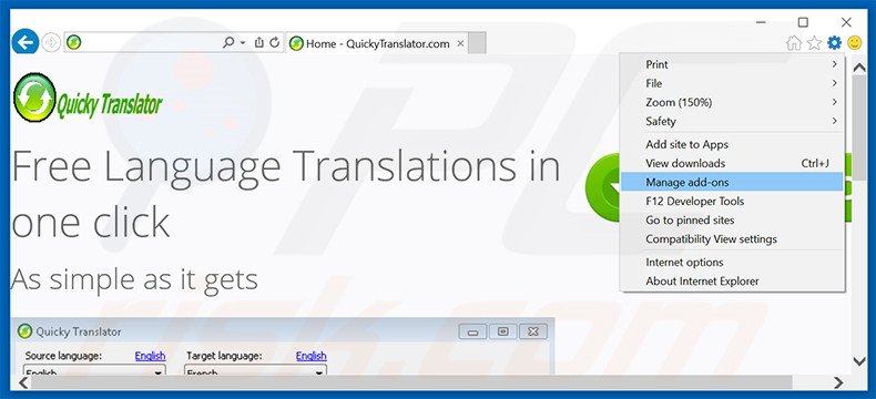 Removing QuickyTranslator ads from Internet Explorer step 1