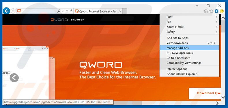 Removing Qword Browser ads from Internet Explorer step 1
