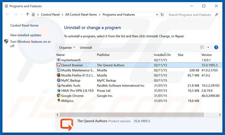 Qword Browser adware uninstall via Control Panel