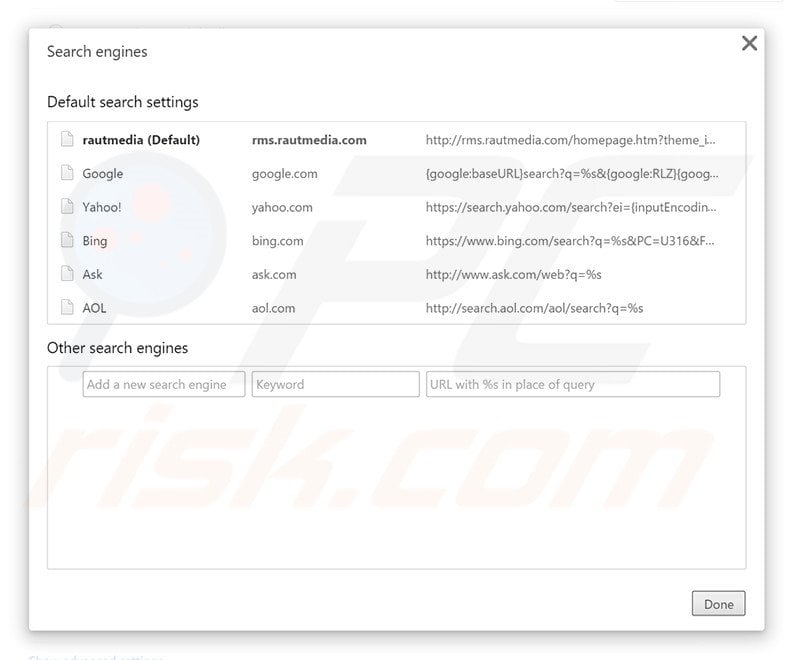 Removing rms.rautmedia.com from Google Chrome default search engine