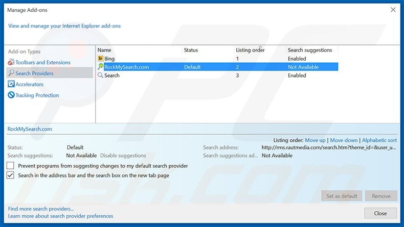 Removing rms.rautmedia.com from Internet Explorer default search engine