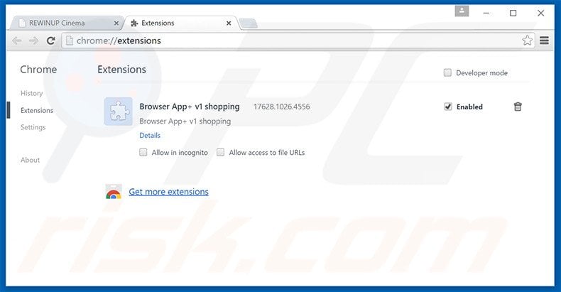 Removing REWINUP Cinema ads from Google Chrome step 2