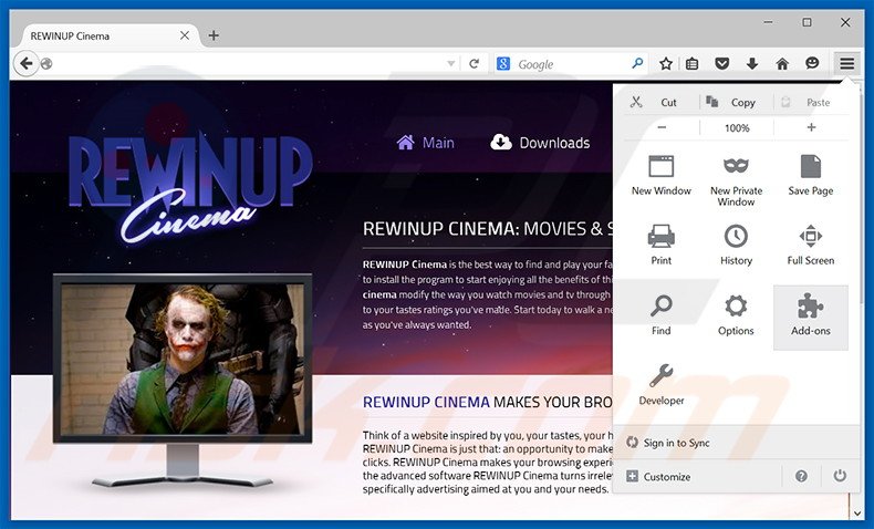 Removing REWINUP Cinema ads from Mozilla Firefox step 1
