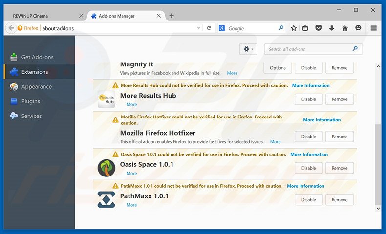 Removing REWINUP Cinema ads from Mozilla Firefox step 2