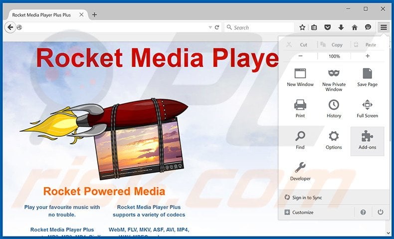 Removing Rocket Media Player ads from Mozilla Firefox step 1