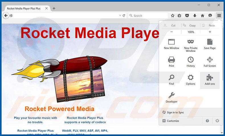 Removing Rocket Media Player ads from Mozilla Firefox step 1