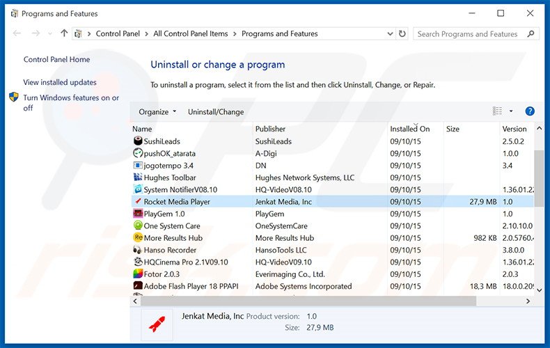 Rocket Media Player adware uninstall via Control Panel