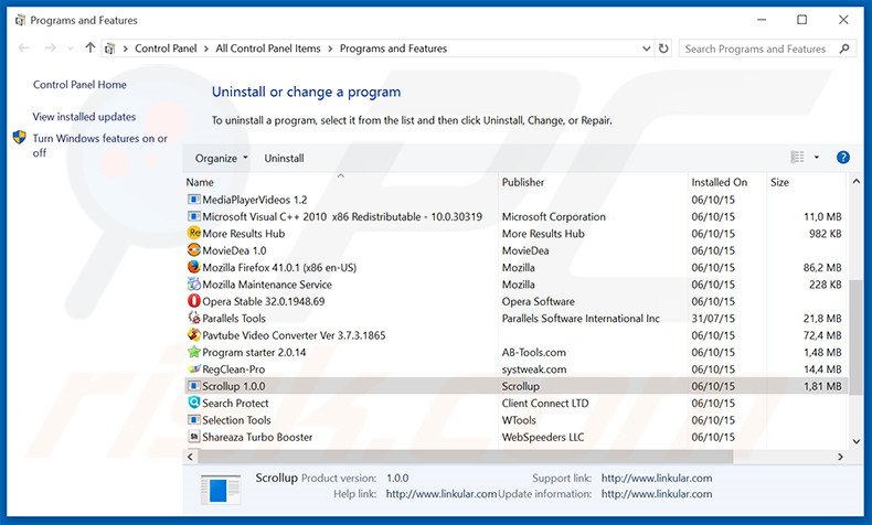 ScrollUp adware uninstall via Control Panel
