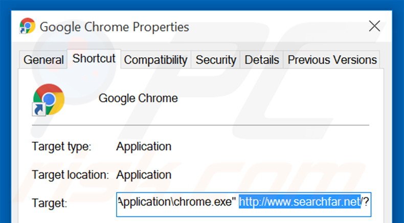 Removing searchfar.net  from Google Chrome shortcut target step 2