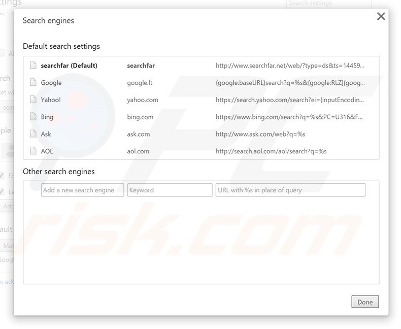 Removing searchfar.net  from Google Chrome default search engine