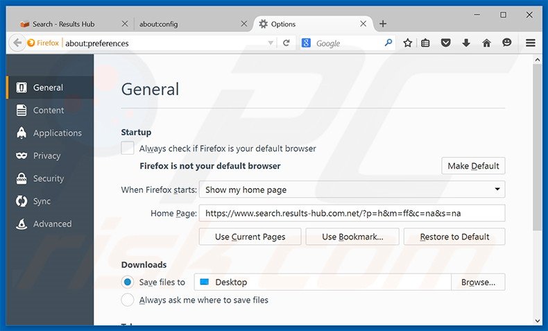 Removing search.results-hub.com from Mozilla Firefox homepage